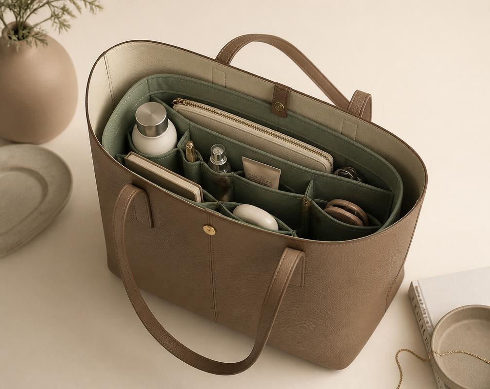 A tote bag with CASEY inside, compartments neatly organized