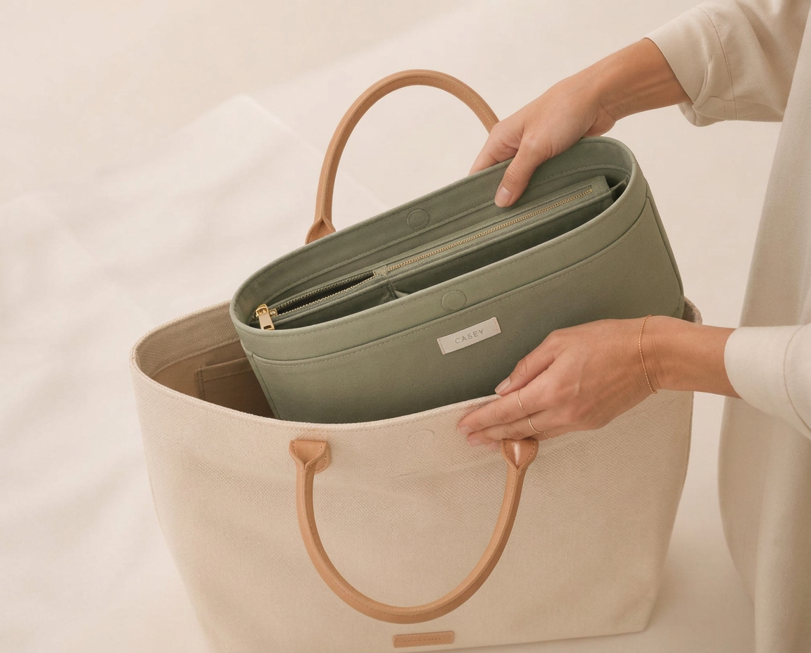 Hands sliding CASEY into an open tote bag